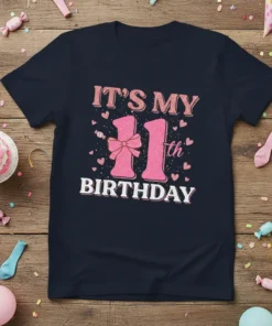 It's My 11th Birthday text and number 11 with bow graphic on a navy t-shirt