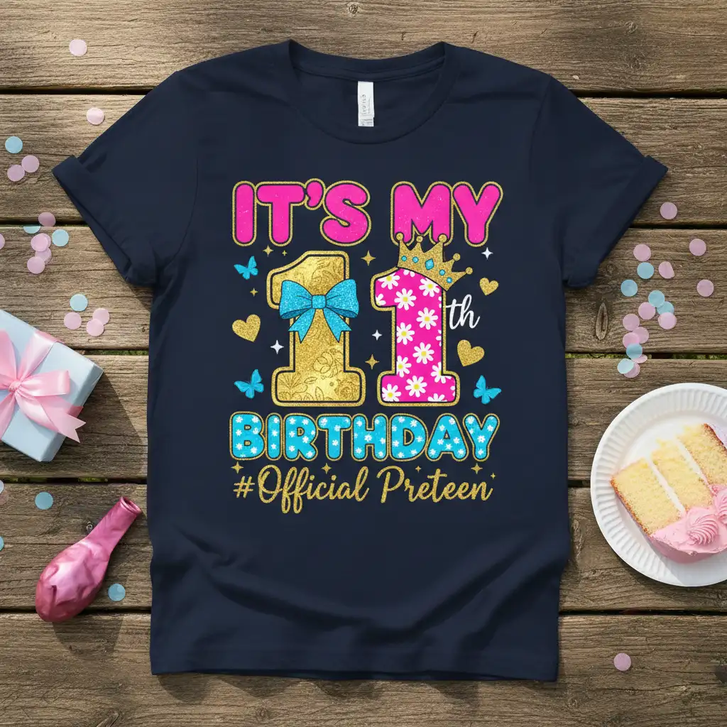 IT'S MY 11th BIRTHDAY #Official Preteen quote on a navy t-shirt with festive graphics