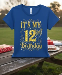 Gold glitter text "IT'S MY 12 Birthday" with a butterfly graphic on a blue t-shirt, designed for a 12th birthday