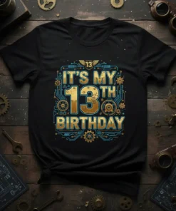 It's My 13th Birthday text with bold gold numbers and a steampunk circuit board design on a black t-shirt