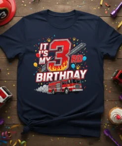 It's My 3rd Birthday text with a red fire truck graphic and celebratory confetti on a navy t-shirt