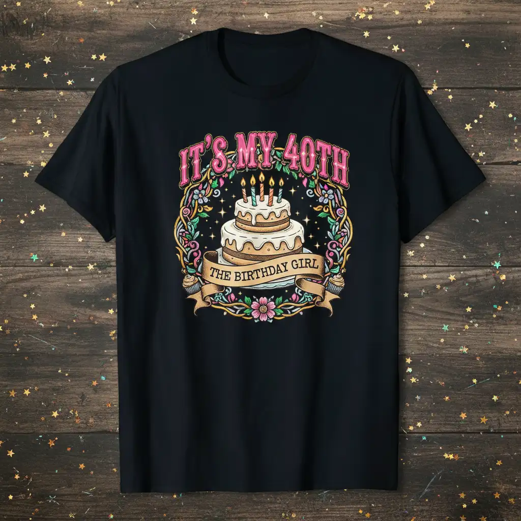It's My 40th The Birthday Girl text and festive cake graphic on a black t-shirt for a 40th birthday celebration