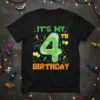 It's My 4th Birthday T-Shirt with a large green digital-themed number 4 and colorful balloons and lightning bolts