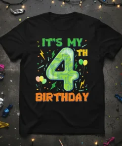 It's My 4th Birthday T-Shirt with a large green digital-themed number 4 and colorful balloons and lightning bolts