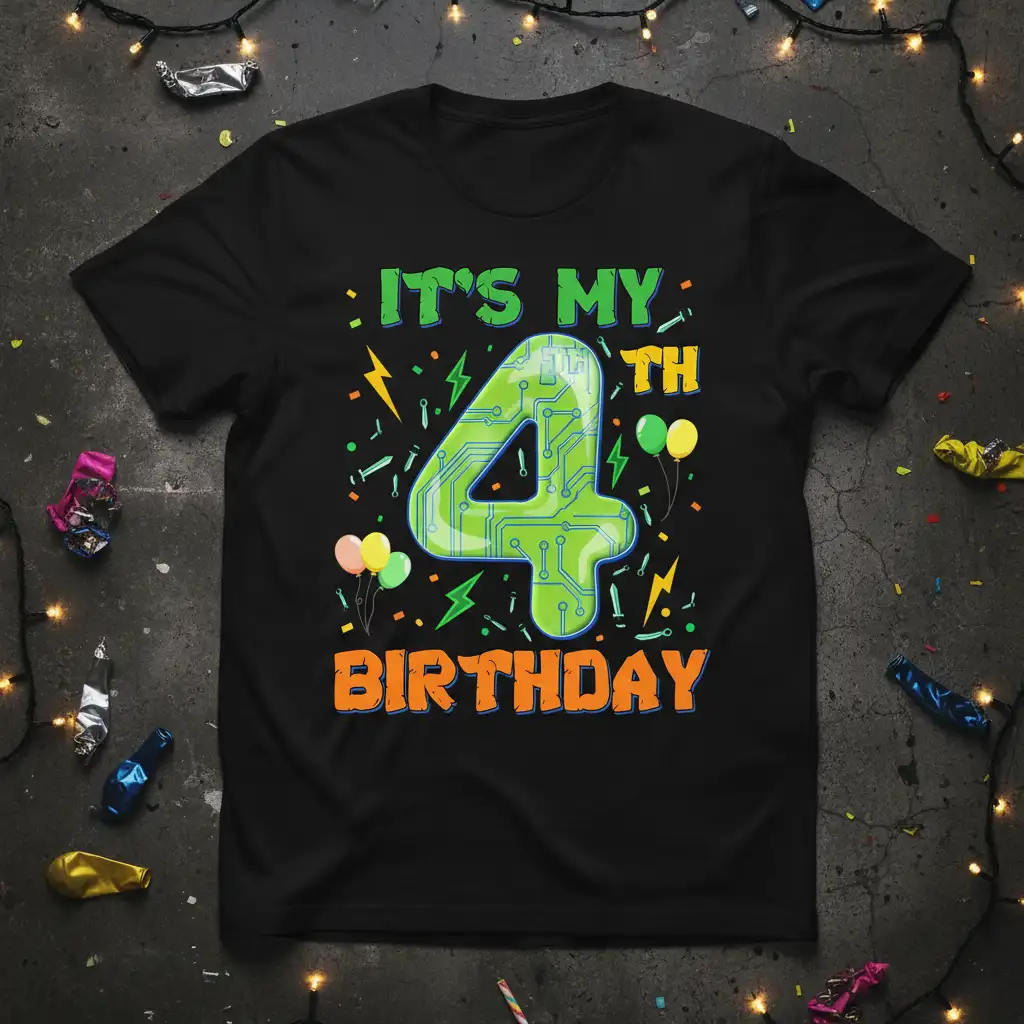It's My 4th Birthday T-Shirt design with a large green circuit board number 4, balloons, and confetti