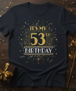 IT'S MY 53rd BIRTHDAY text design with gold and silver glitter accents and festive fireworks graphic on a black t-shirt