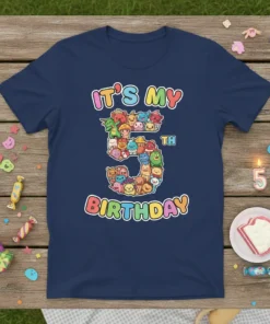 It's My 5th Birthday t-shirt with colorful cartoon monsters forming the number 5 and text "IT'S MY BIRTHDAY"