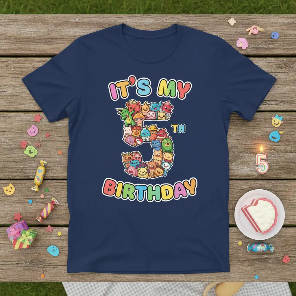 It's My 5th Birthday text with number 5 created from cute monsters, navy blue tee