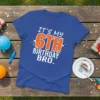 Royal blue t-shirt with bold orange and white text reading "IT'S MY 6TH BIRTHDAY BRO." for a 6th birthday celebration