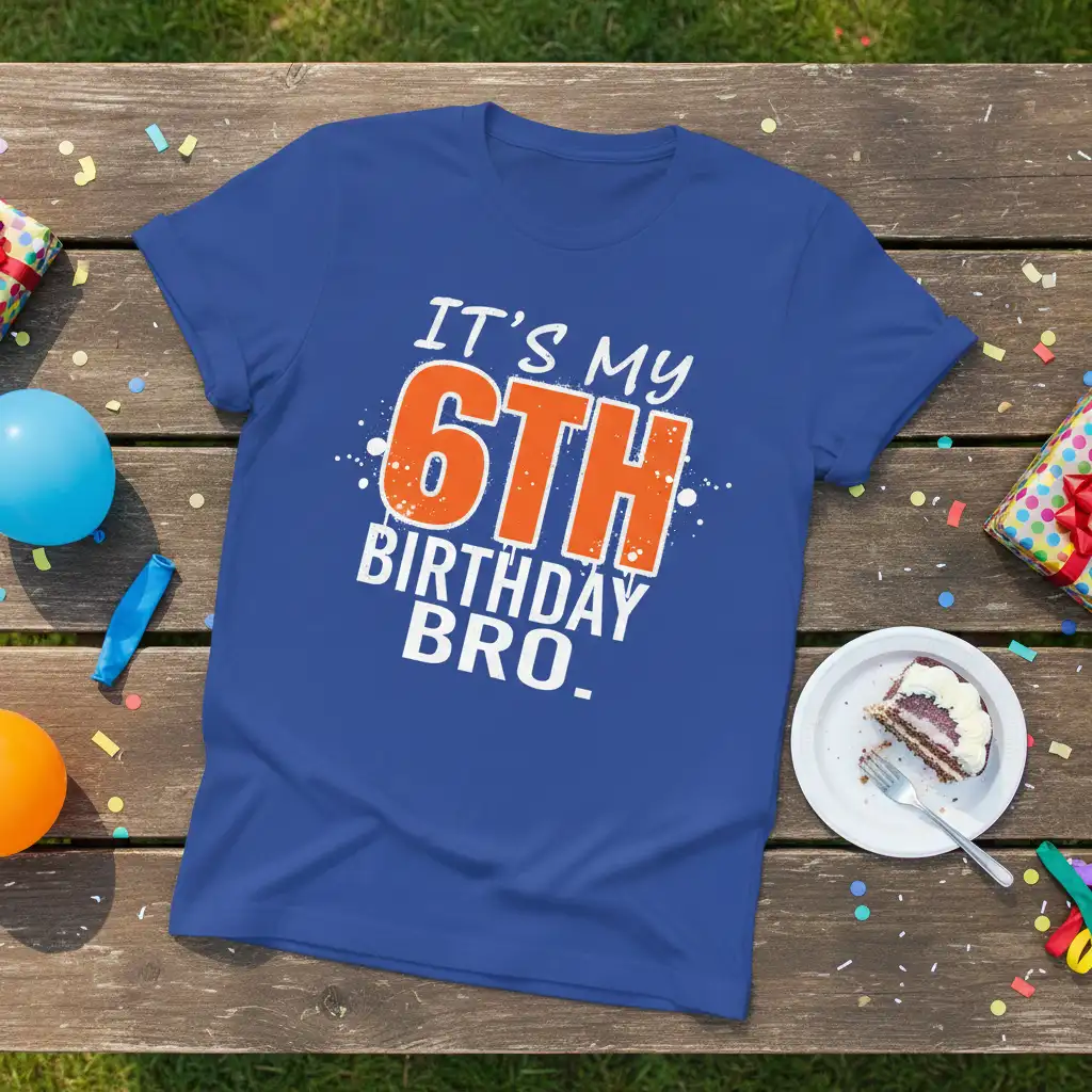IT'S MY 6TH BIRTHDAY BRO. text design in bold orange and white on a blue t-shirt for a child's celebration