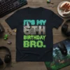 IT'S MY 6TH BIRTHDAY BRO. text design with neon and pixelated fonts, featuring gears and a gamer theme