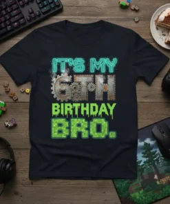 IT'S MY 6TH BIRTHDAY BRO. text design with neon and pixelated fonts, featuring gears and a gamer theme