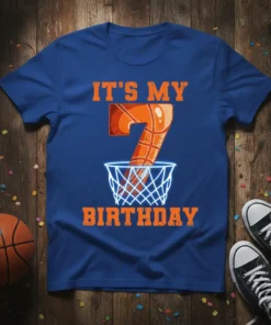 It's My 7 Birthday text with a basketball graphic going into a hoop, designed for a 7-year-old boy's birthday