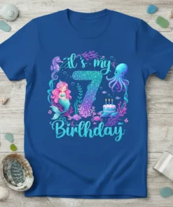 It's my 7 Birthday t-shirt design featuring a mermaid, seahorse, octopus, birthday cake, and coral in a vibrant underwater theme