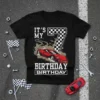 Black t-shirt with "It's My 7 Birthday Birthday" text, a red race car, and checkered flag number 7