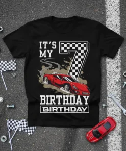 Black t-shirt with "It's My 7 Birthday Birthday" text, a red race car, and checkered flag number 7