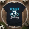 IT'S MY 7 Birthday text with soccer ball graphic and number 7 design on a navy t-shirt