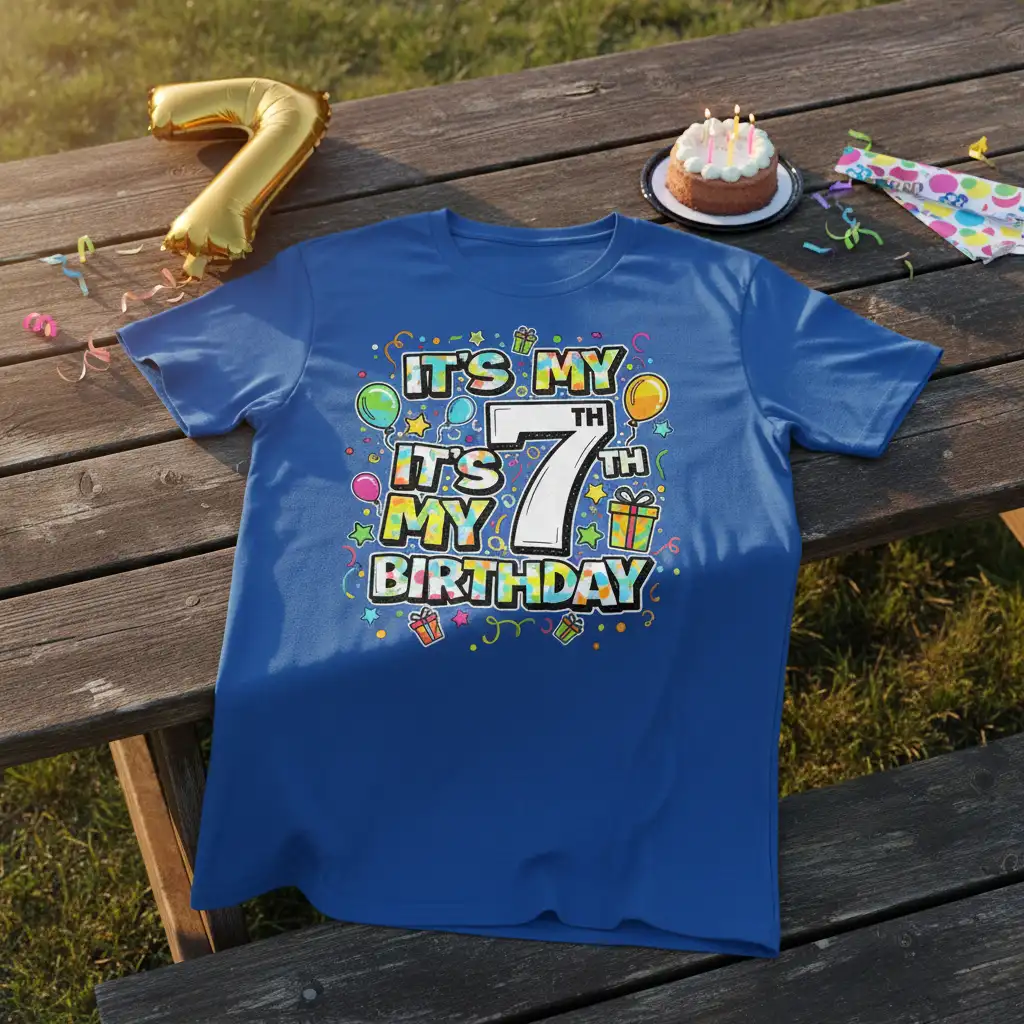 IT'S MY 7TH IT'S MY BIRTHDAY text design with balloons and gifts for a 7th birthday celebration