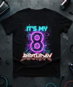 It's My 8 Birthday text with a large neon number 8 and digital circuit graphics on a black t-shirt