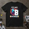 It's My 8 Birthday text with a flaming soccer ball graphic on a black t-shirt, suitable for an 8-year-old's birthday