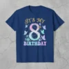 It's My 8th Birthday t-shirt with a large number 8, butterflies, and floral accents in pastel colors