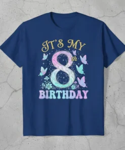 It's My 8th Birthday t-shirt with a large number 8, butterflies, and floral accents in pastel colors