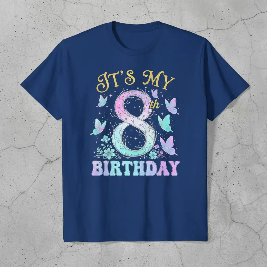 It's My 8th Birthday text with a large, decorative number 8 and flying butterflies, perfect for a child's party