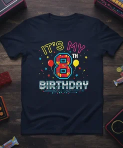 It's My 8th Birthday text with pixelated number 8, balloons, and stars on a navy t-shirt for kids