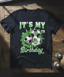 Soccer themed "IT'S MY 8TH Birthday" t-shirt design with bold green text and graphic number 8 with soccer balls and