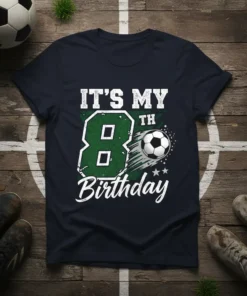 IT'S MY 8TH BIRTHDAY text with a soccer ball graphic on a navy blue t-shirt
