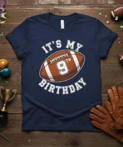 It's My 9th Birthday football t-shirt design with the number 9 on a football graphic