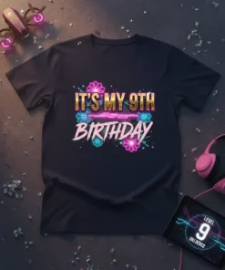 It's My 9th Birthday text design with neon floral accents, perfect for a gamer girl's celebration
