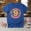 It's My 9th Birthday text in a groovy retro design with a large glittery number 9 and butterflies on a
