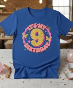 It's My 9th Birthday text in a groovy retro design with a large glittery number 9 and butterflies on a