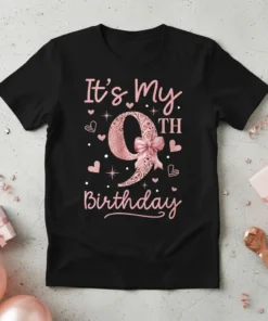 It's My 9th Birthday text design with a large number 9 adorned with a pink bow and hearts