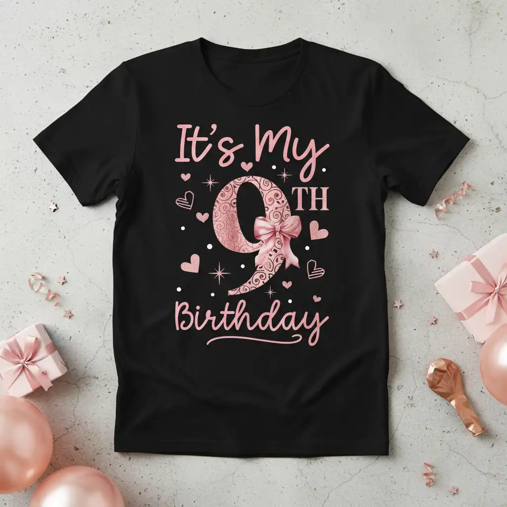 It's My 9th Birthday text with a decorative number 9 and pink bow on a black t-shirt