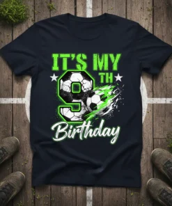 It's My 9th Birthday soccer t-shirt design with neon green text and soccer balls, perfect for a 9-year-old's celebration