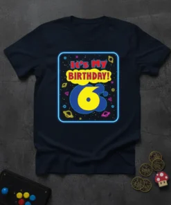It's My BIRTHDAY! 6 text with retro gaming graphics on a navy blue t-shirt