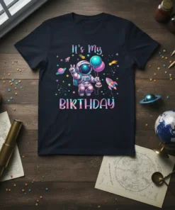 It's My BIRTHDAY astronaut t-shirt with balloons and rockets, colorful space theme