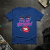 It's My Birthday! text design with bold red lips and dramatic eyes graphic on a blue t-shirt