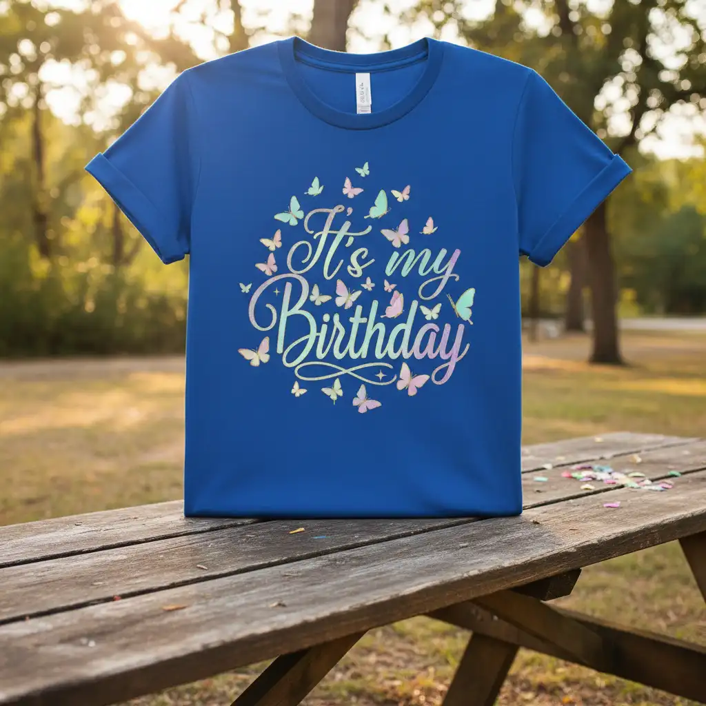 It's my Birthday quote with whimsical butterflies on a blue t-shirt, festive celebration apparel