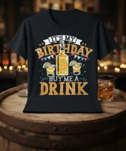 It's My Birthday Buy Me A Drink text with whiskey bottle and shot glasses graphic on black t-shirt
