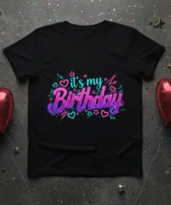 Black t-shirt with neon pink and purple "it's my Birthday" text and graphic elements including hearts and stars