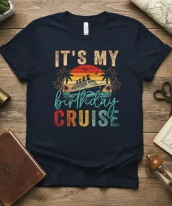 It's My Birthday Cruise text with a cruise ship and sunset graphic on a navy t-shirt
