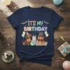 It's My Birthday Dachshund T-Shirt with festive balloons, cake, and presents