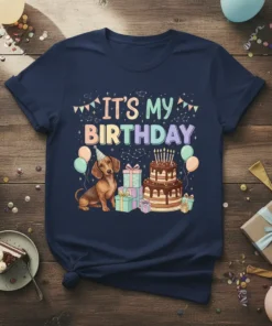 It's My Birthday Dachshund T-Shirt with festive balloons, cake, and presents