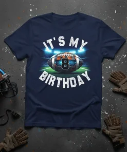 It's My Birthday t-shirt with a football and stadium graphic, featuring the number 8