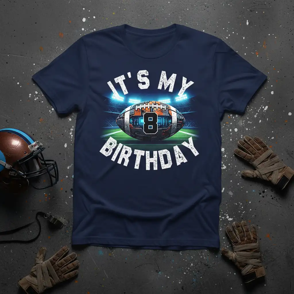 It's My Birthday football graphic t-shirt design with number 8 and stadium lights
