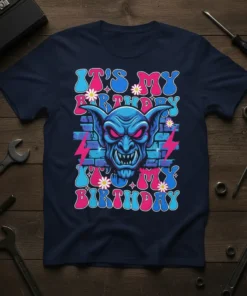 It's My Birthday I'm My Birthday goblin graphic t-shirt design with retro font and pink lightning bolts