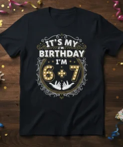 It's My Birthday I'm 6 + 7 text with decorative elements on a black t-shirt, celebrating a child's birthday
